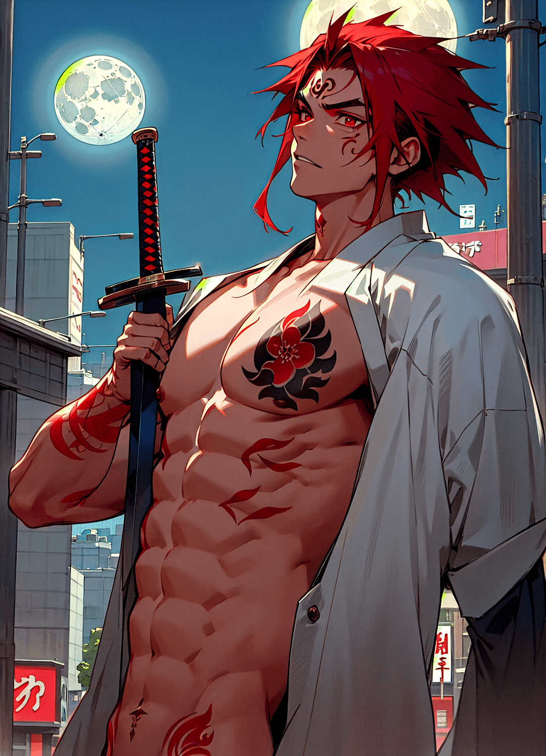 AI generated: Great detail,4K Image, shirtless Yakuza man in the streets of Shibuya, Kimono sword, tattoos on uppe...