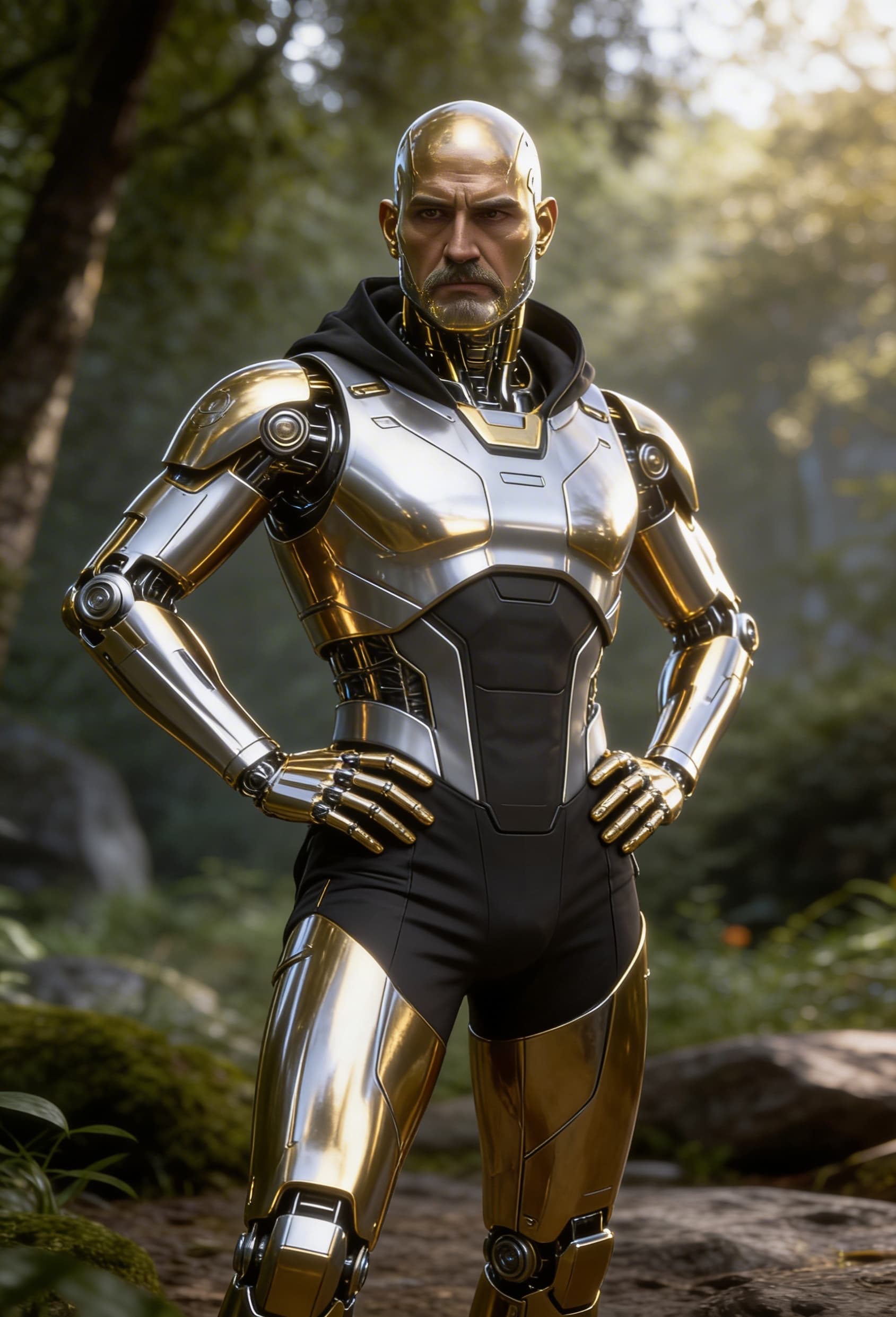 AI generated: Be inspired and create from reference. a golden-silver being, powerful, loving. From flesh to sleek ...