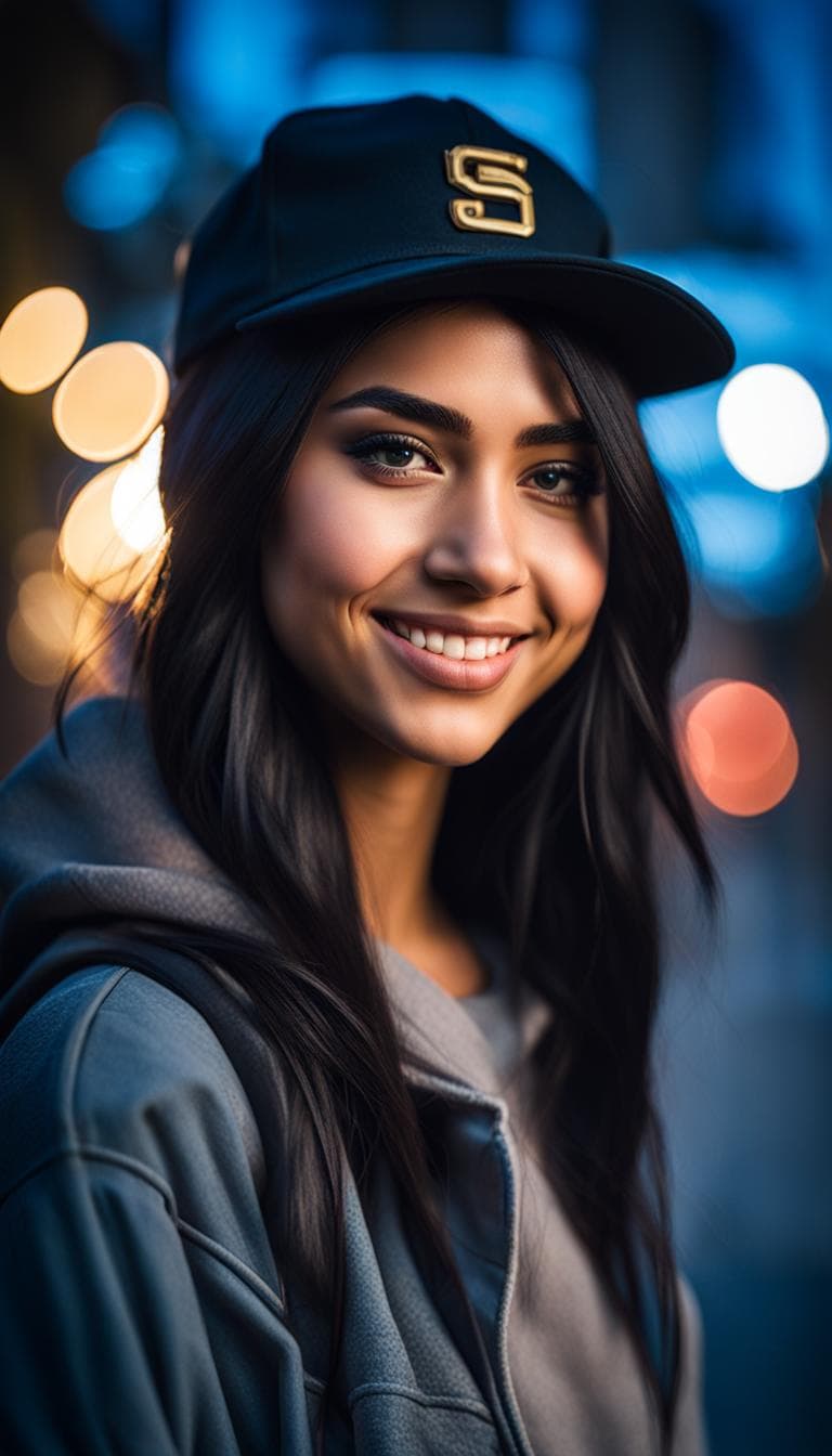 AI generated: Insane realistic selfie portrait of a woman wearing a casual cozy outdoor attire, wavy black hair wi...