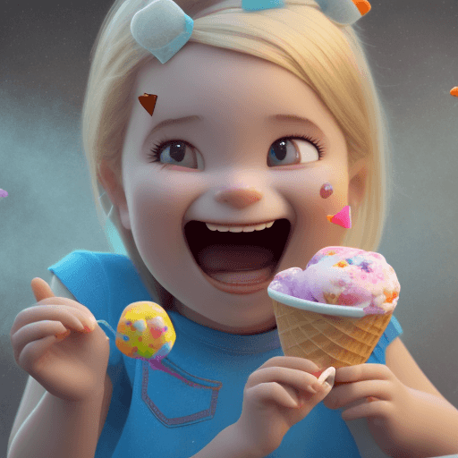 AI generated: cute, adorable, smiling girl eating ice cream, candies flying all around her, Pixar, disnet, cinema ...