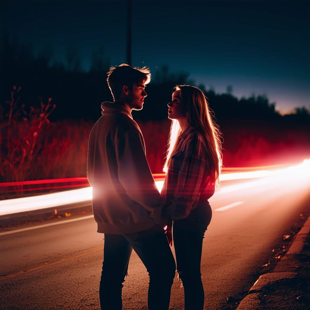 AI generated: an couple who fight and standing side of the glowing road at night. cinematic view, third pov, sad t...