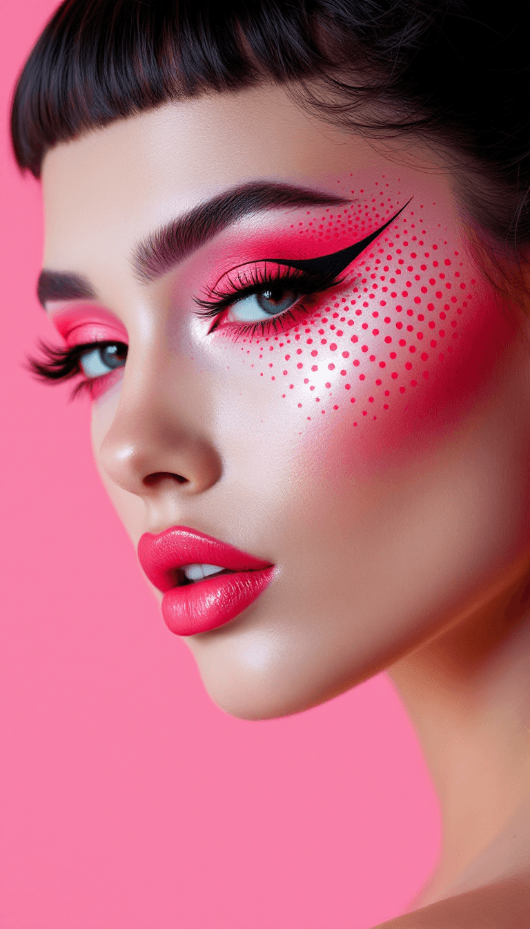 AI generated: closeup side angle photo of an extravagant model with gorgeous bright neon dotted avant-garde red ey...