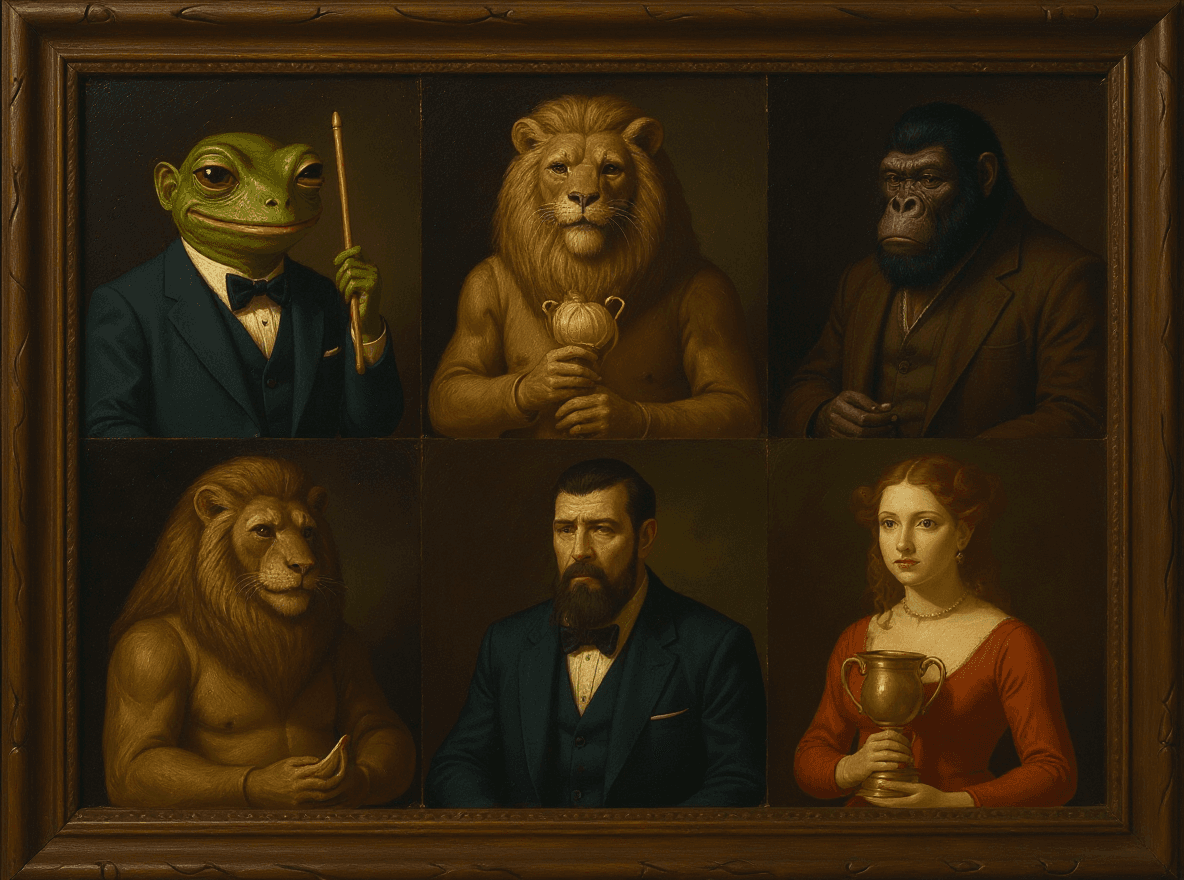 AI generated: a renaissance baroque painting of the six characters, three eyed alien, squinting frog wearing a tux...