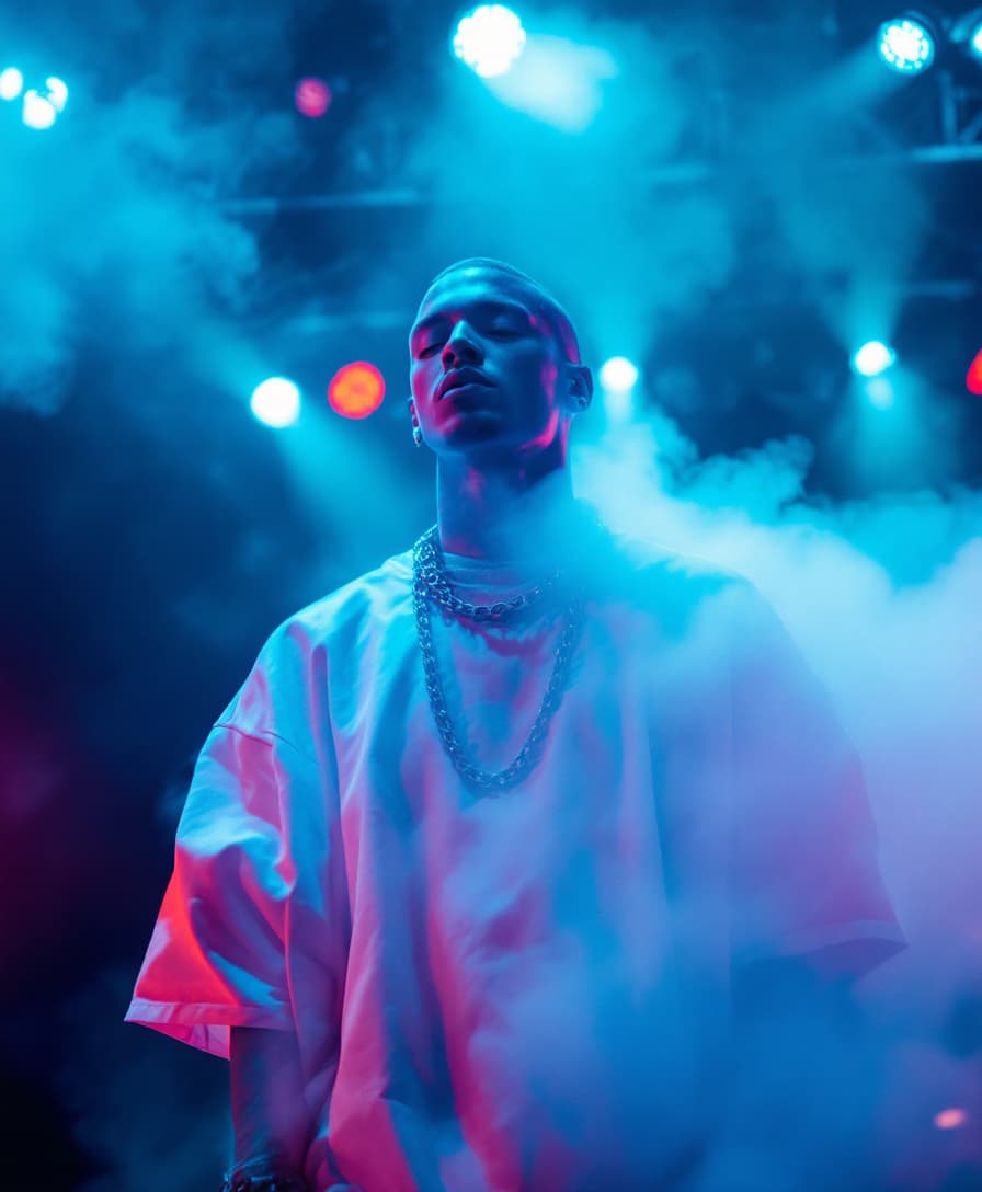AI generated: color photography of white-skinned rapper with the chain,  from fog on stage during concert, front v...
