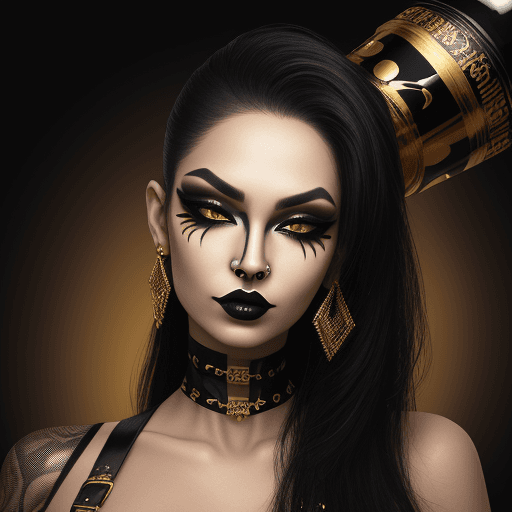 AI generated: A woman with golden skin wearing black lipstick and heavy eyeliner