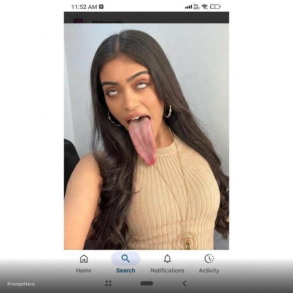 AI generated: Make her tongue out more long wide realistic but maintaining the original image position