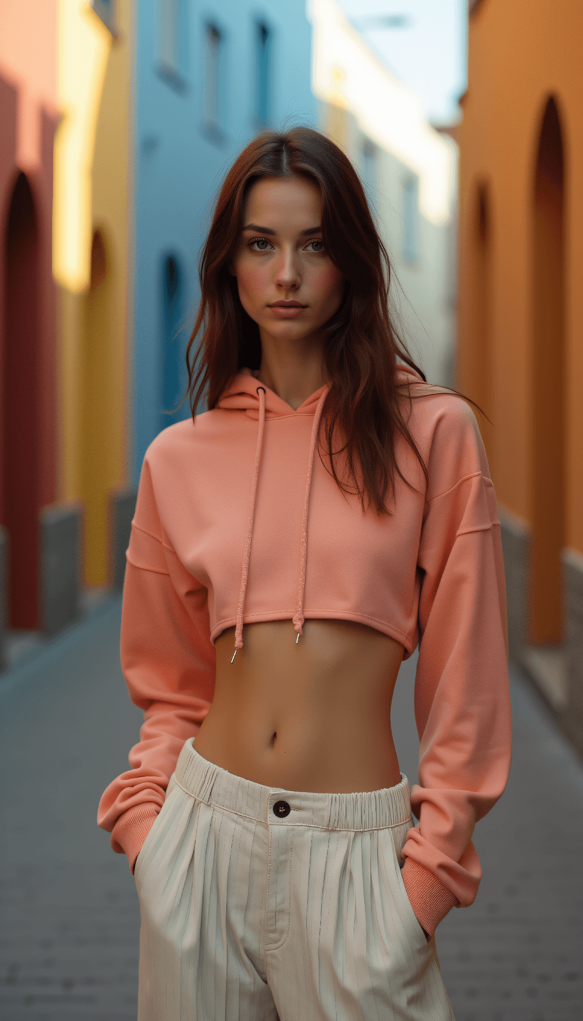 AI generated: Fashion photo of a Female model in her mid-twenties with slim frame wearing cropped hoodie and overs...