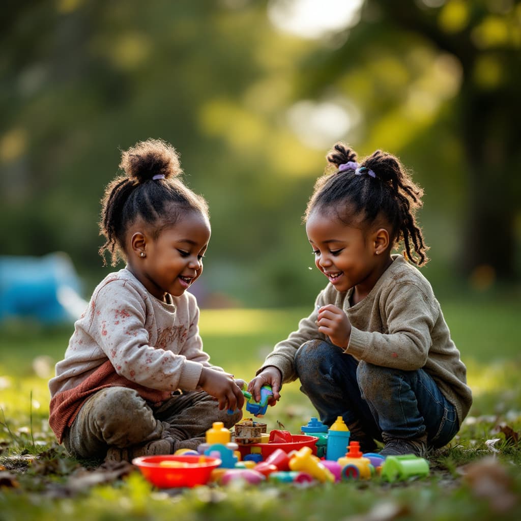 AI generated: A candid shot of two 5 year old girls african same age best friends dirty, at the park playing with ...