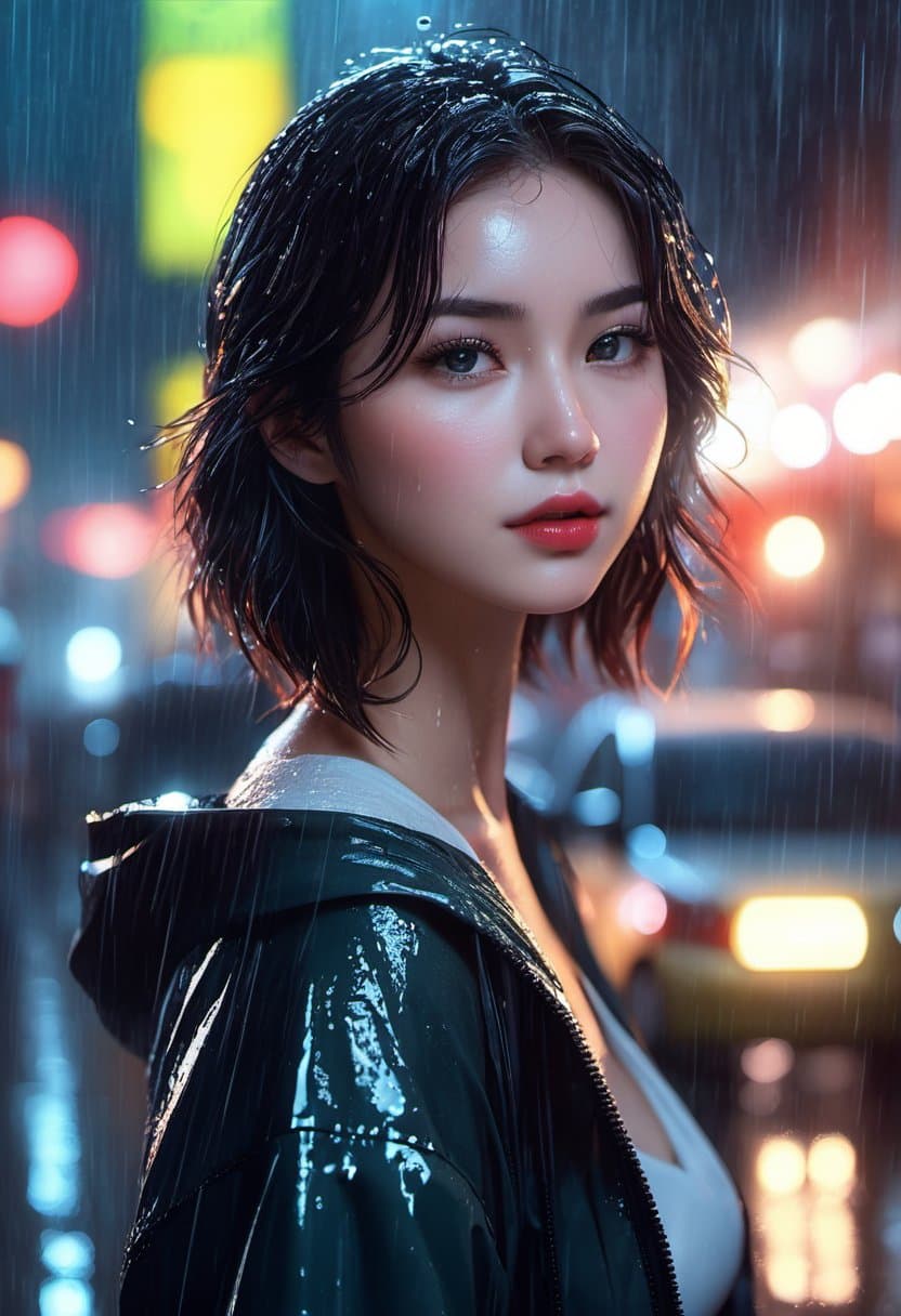 AI generated: a girl in street, (in a rainy night:1.2), (wet clothes:1.4), neon lights, hyper realistico rendering...