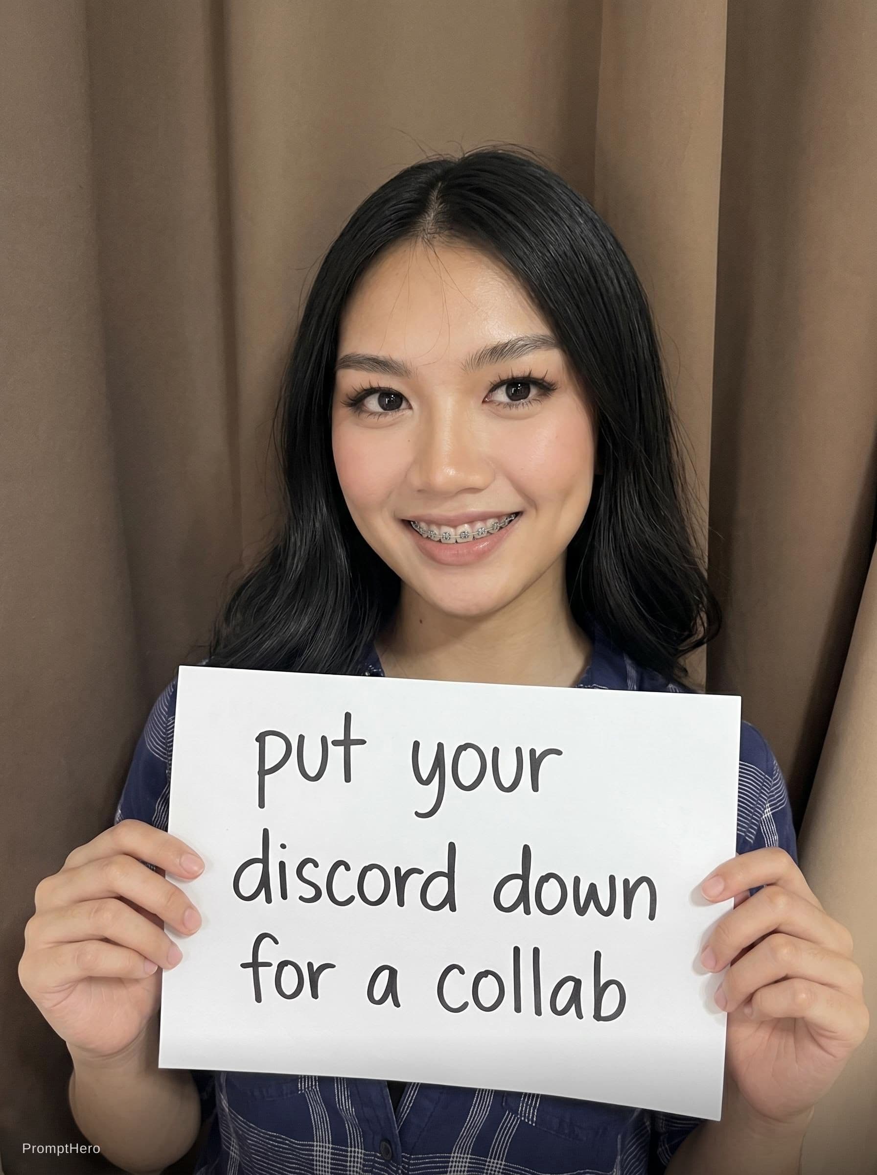 AI generated: She is holding a sign with "put your discord down for a collab". 