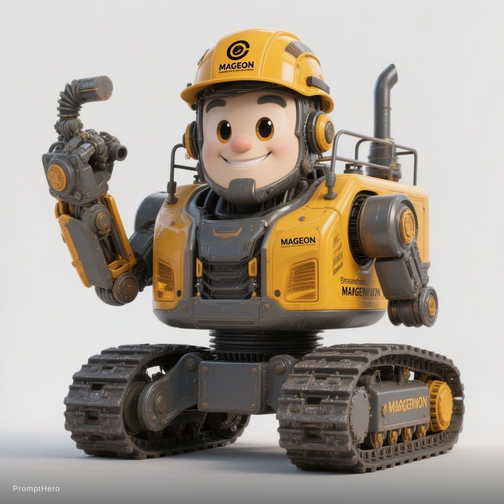 AI generated: Create a professional 3D mascot character for MAGEON, an international crawler undercarriage and con...