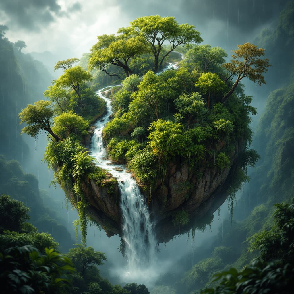 AI generated: A floating microplanet reveals a dense jungle, its surface overgrown with thick vines and towering t...