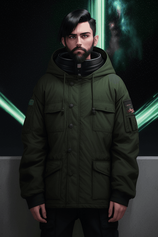 AI generated: (masterpiece),black hair, undercut hair, green bangs,wear hood, bright green eyes, thin beard, weari...