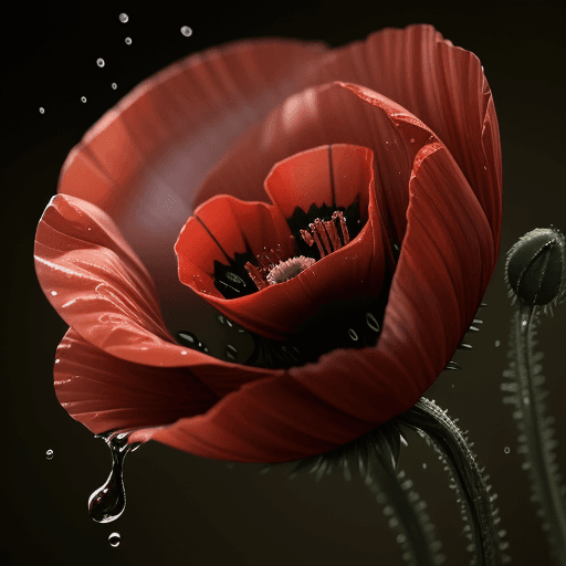AI generated: Hyper realistic picture of  red poppy flower,  water drop on it