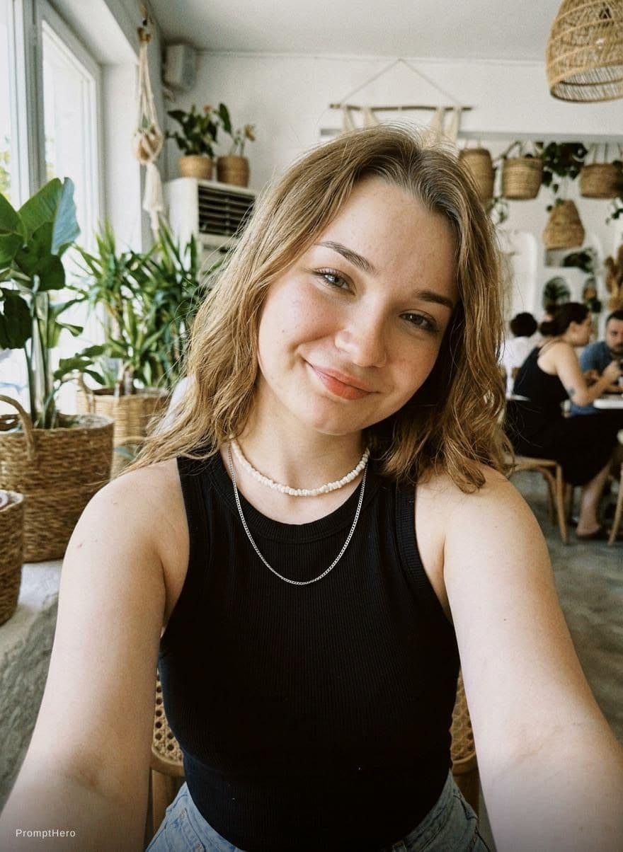 AI generated: A candid smartphone selfie of a beautiful young woman with wavy auburn hair, wearing a simple black ...