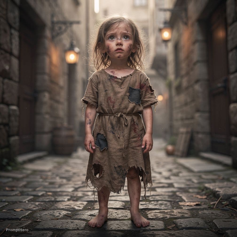 AI generated: a small beggar child from dungeons and dragons pretty girl poor homeless ruined dress portrait 3 yea...