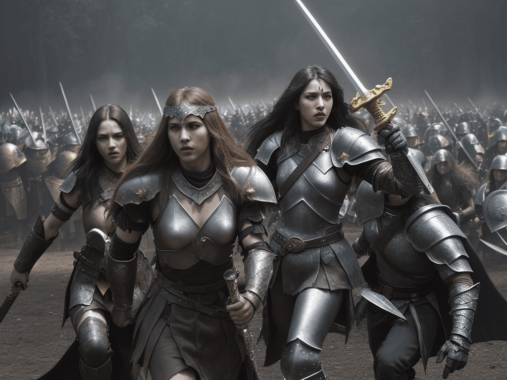 AI generated: a fantasy battle scene, showcasing a group of warriors engaged in combat against a formidable foe. T...