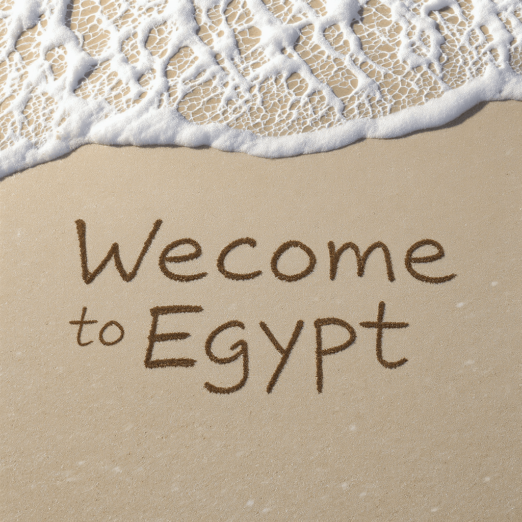 AI generated: word weccome to Egypt  written in beach sand, ocean wave approaching, soft foam, golden sunlight, ov...