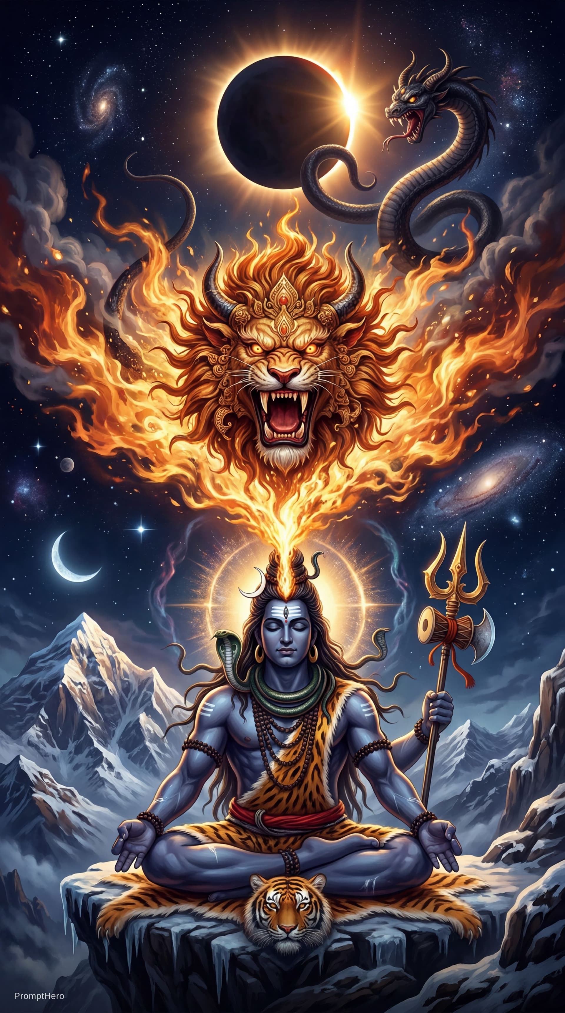 AI generated:  “Shiva meditative third eye exploding flames birthing roaring lion-faced Kirtimukha eclipse Rahu fl...