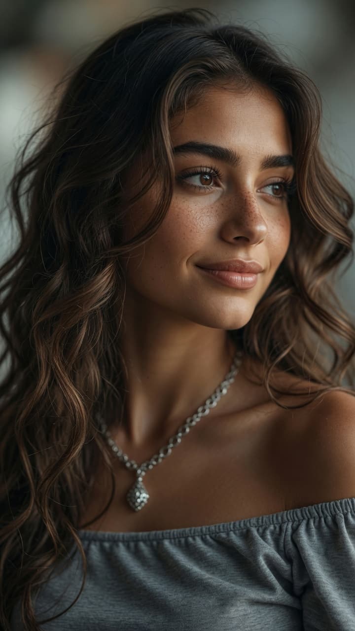 AI generated: Ultra-realistic portrait photography of a stunning young woman with warm olive skin, soft freckles a...