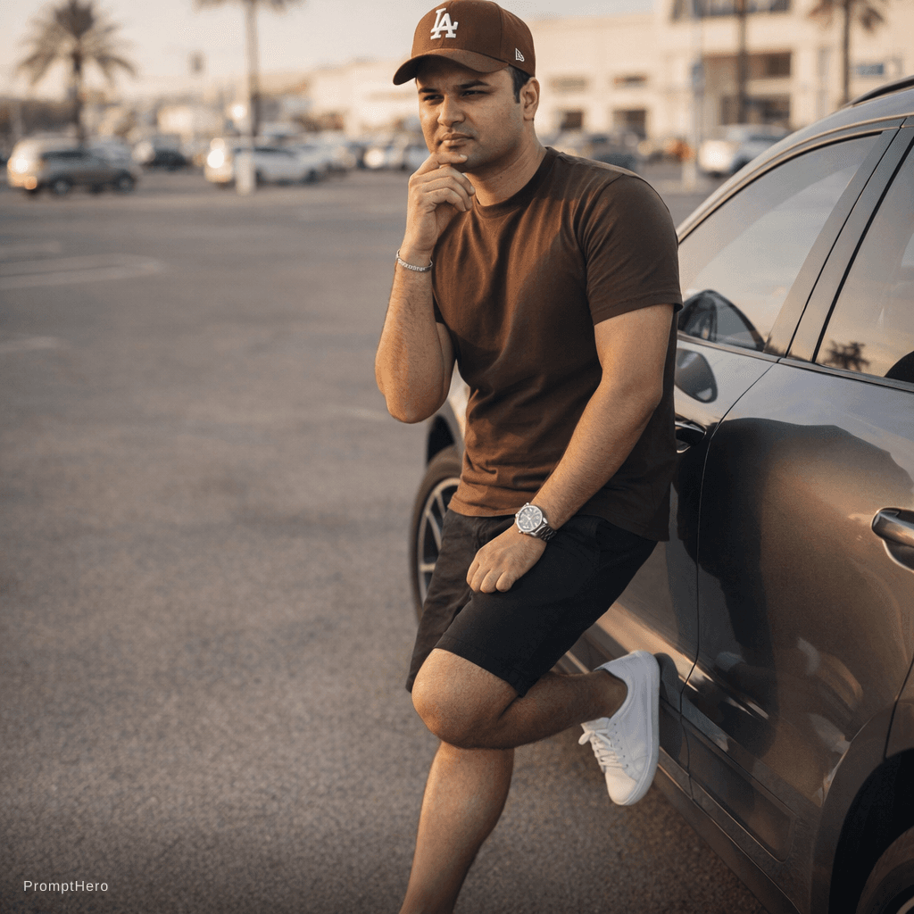 AI generated: 🎭 Conceito
Um retrato editorial masculino capturado em um estacionamento amplo e ensolarado, com at...