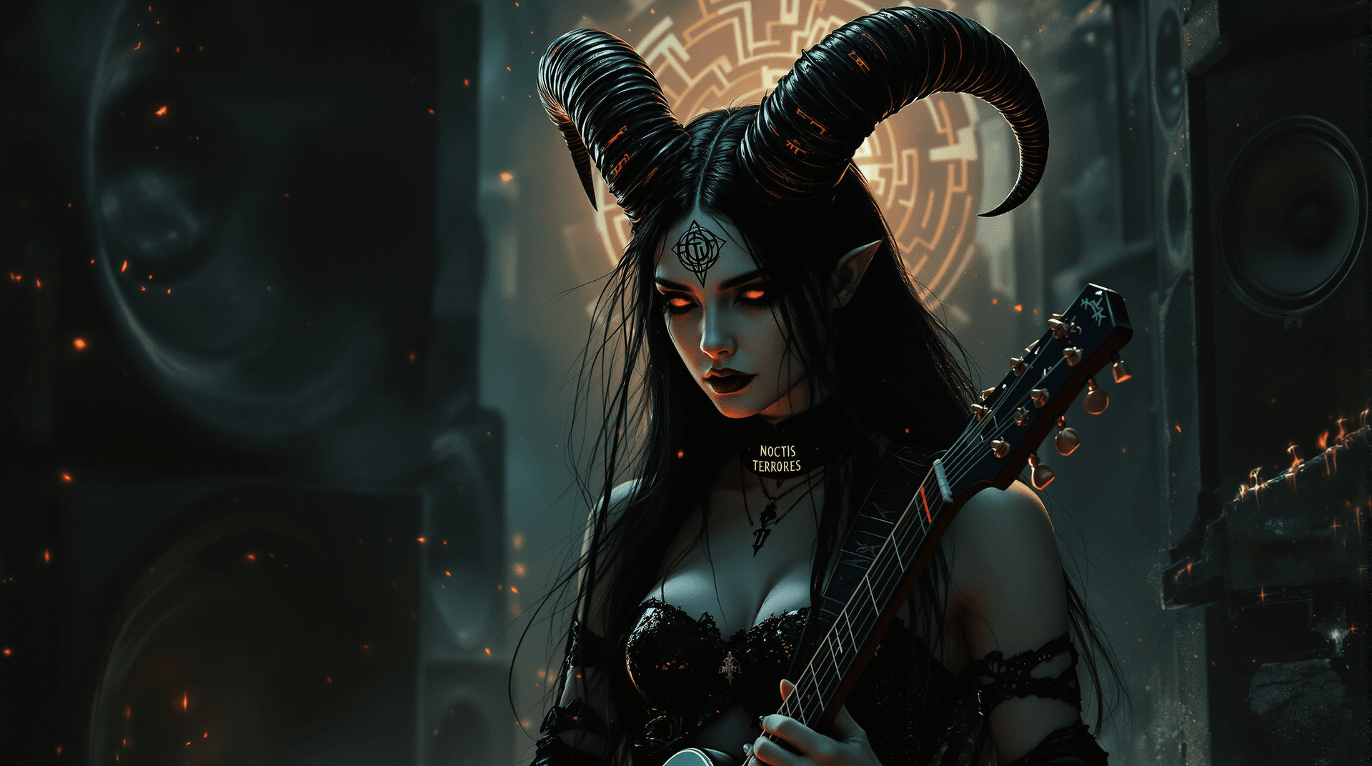 AI generated: A record-album cover, fantasy art: A powerful yet vulnerable female demon, reminiscent of Beksiński'...
