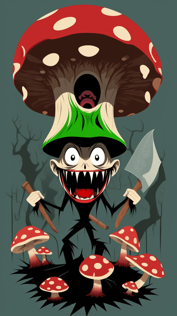 AI generated: vector horror art on the diverse background, a screaming crazy anthropomorphic evil mushroom with a ...