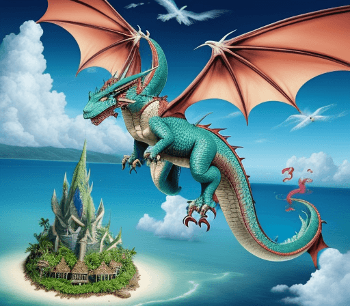 AI generated: A magical dragon flying away from a tropical island
