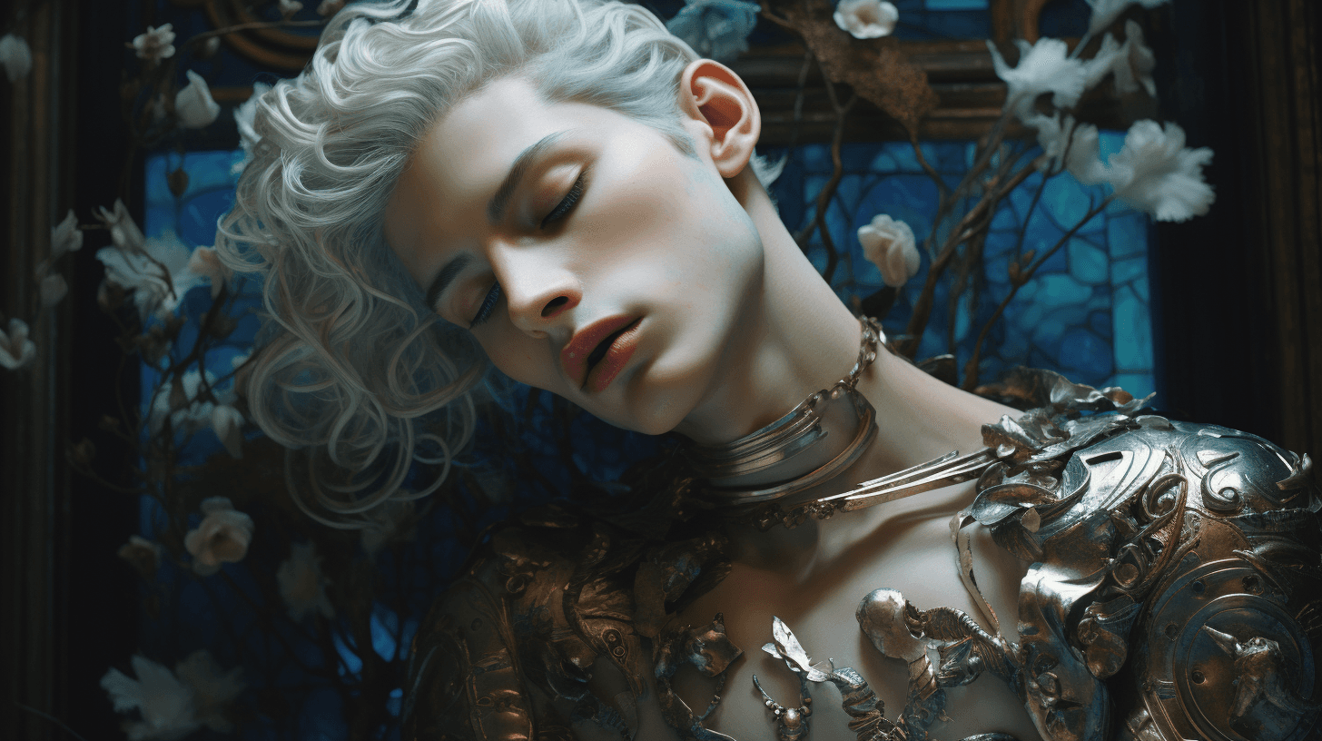 AI generated: beautiful man sitting at a table , by Valerie Petts, tumblr, intricate fantasy suit, blueish tones, ...