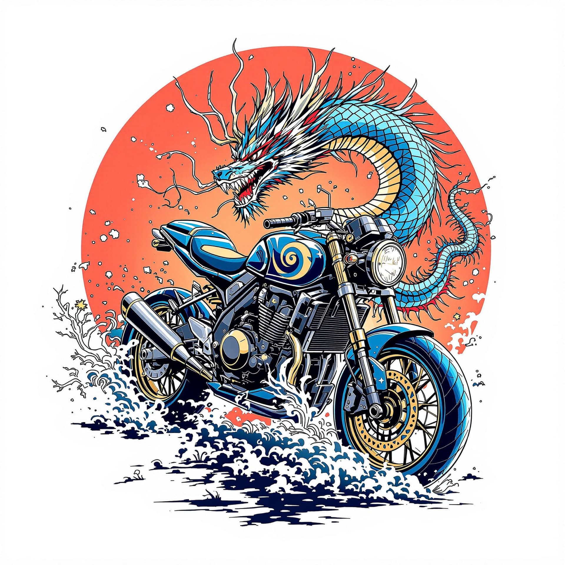 AI generated: Oriental blue dragón anime style design for motorcycle 