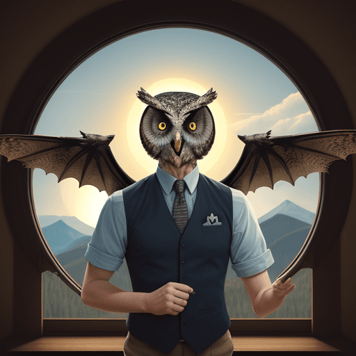 AI generated: Man in vest with owl's head, window, plain, mountain, forest, sky, sun, bird, dragon, skull hand.