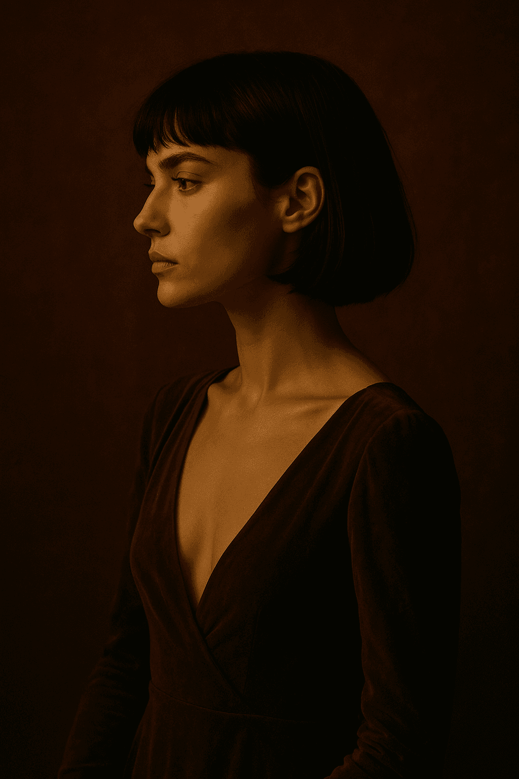 AI generated: Cinematic portrait of a woman with a sleek black bob haircut and wispy bangs, standing in profile ag...