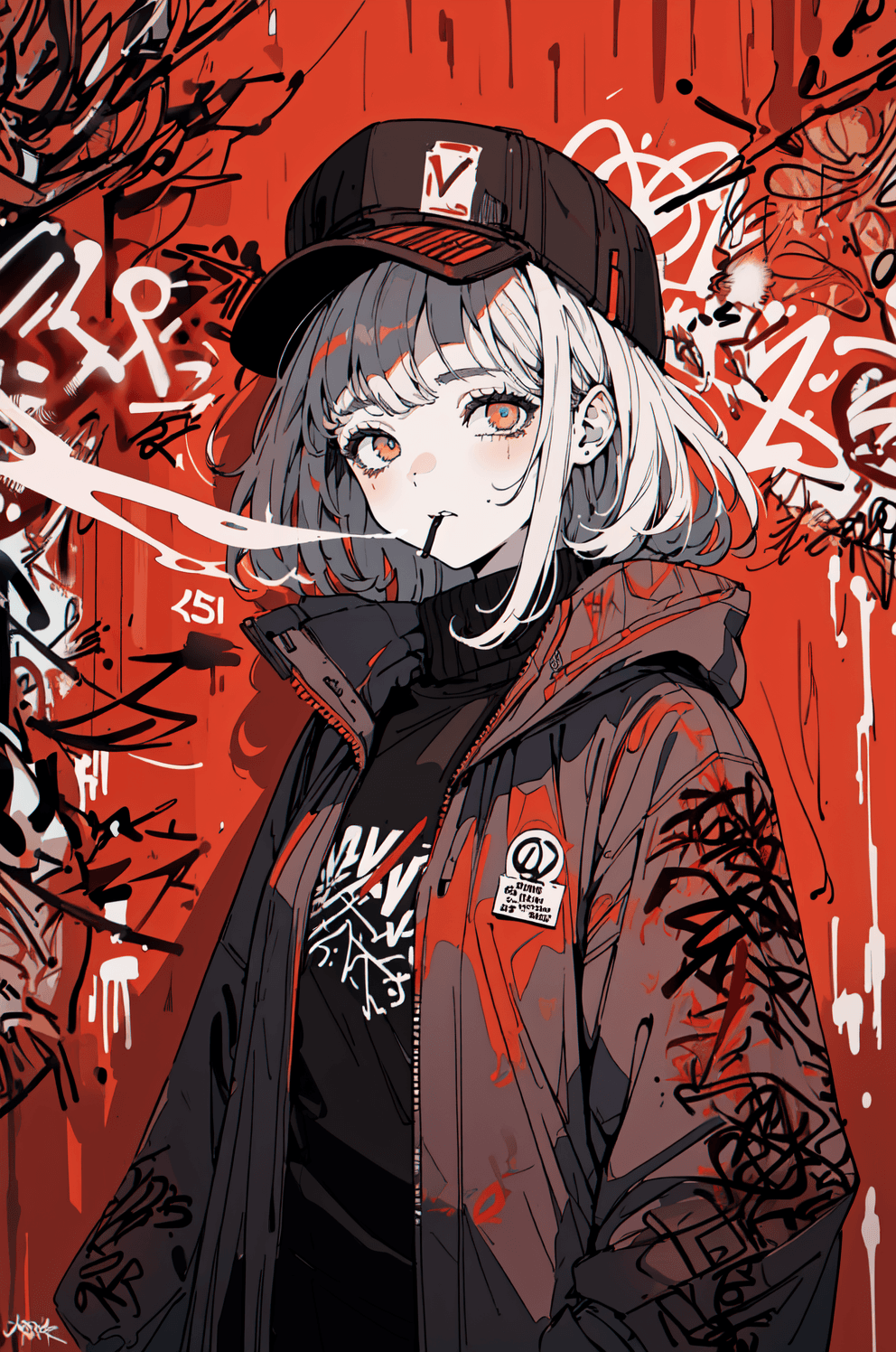 AI generated: close up, full color painting wall,standing cyberpunk 15 yo girl,(looking at viewer:1.5),Porkpie hat...