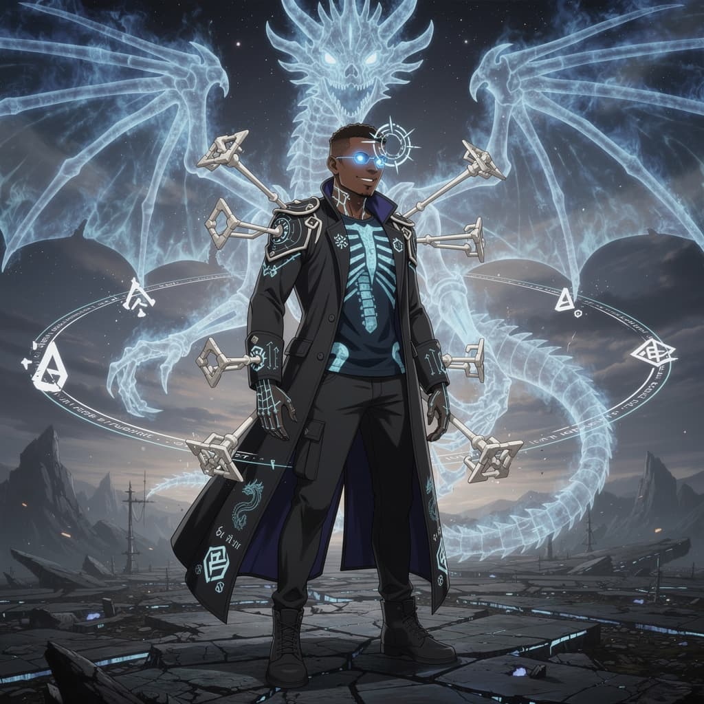 AI generated: An African American male, average height and build, standing calmly amid a fractured cosmic battlefi...