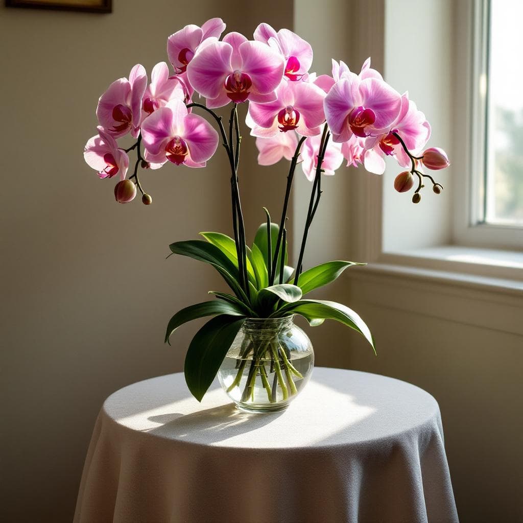 AI generated: A bouquet of orchids in a glass vase sitting on a small round table with a tablecloth in a room near...