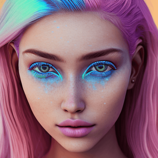 AI generated:  perfect smooth skin texture, fashion photography portrait of cute girl with iridescent pink hair, B...