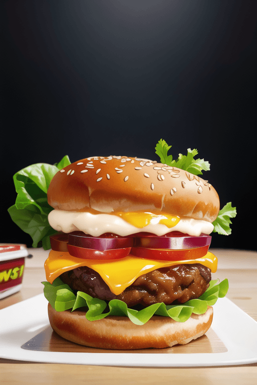 AI generated: hamburger with bacon, lettuce, tomato and cheese, promotional image, hyperquality, products shot, fu...