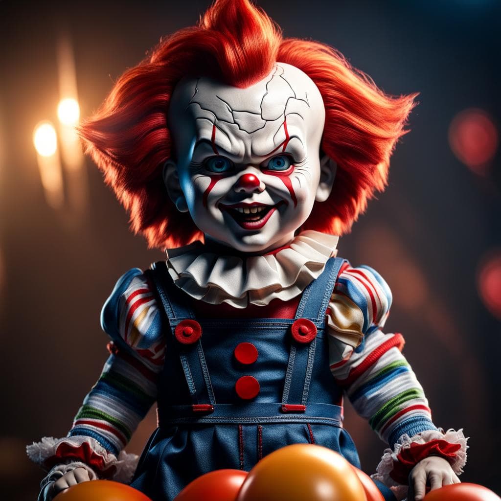 AI generated: A [ Full Body ] Scary Chucky wearing a pennywise costume, fantasy, photorealistic, highly detailed, ...
