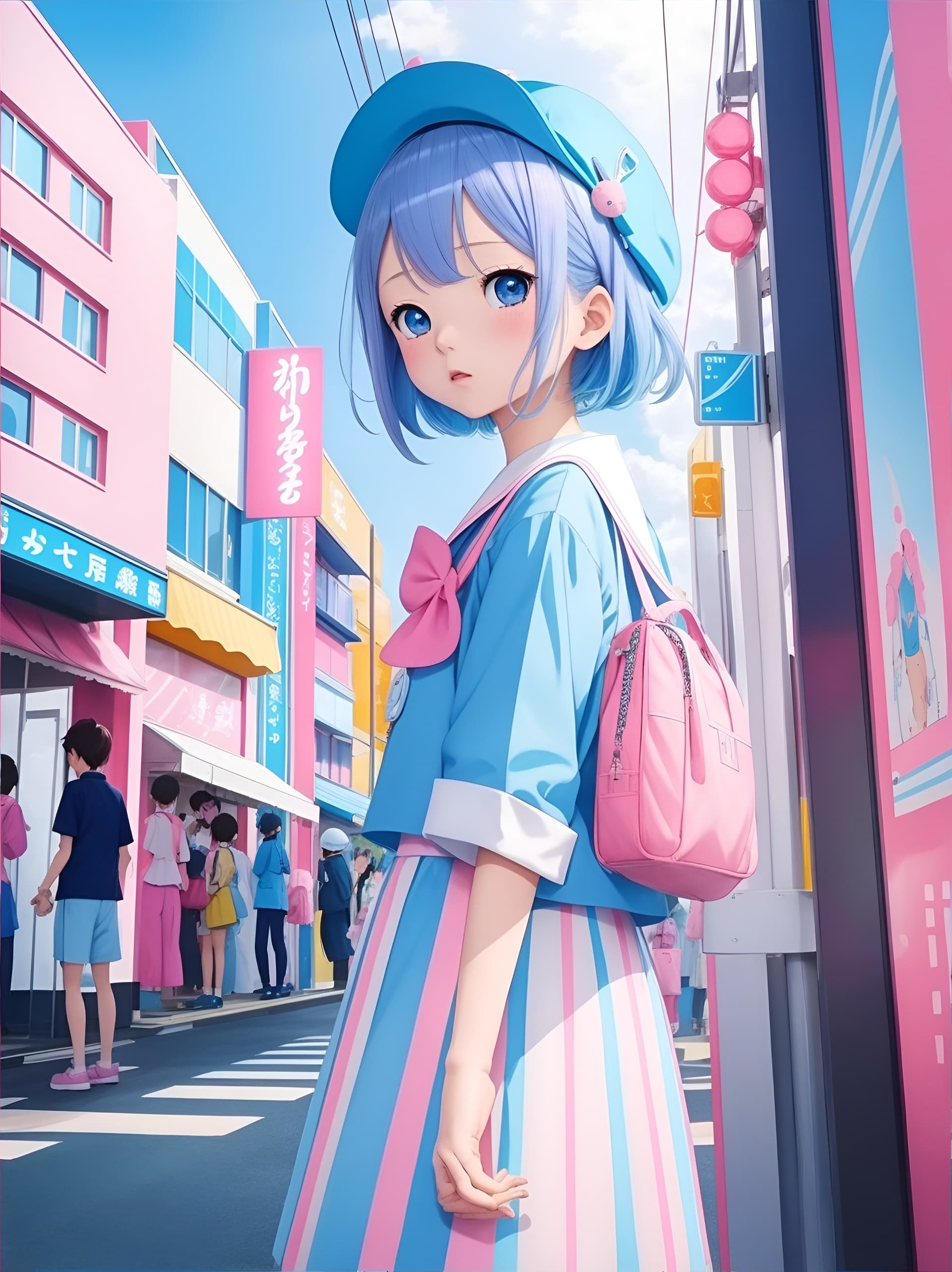AI generated: 1girl, hat, cute bag, sakaban buspis, light blue, pink, key visual, pop, harajuku, hat, colorful, ma...