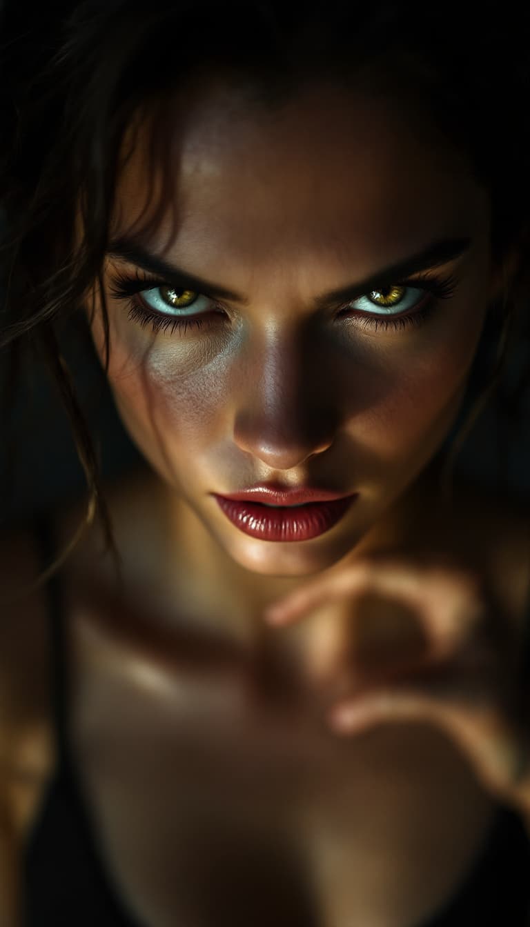 AI generated: Fierce woman with intense eyes, 3/4 turn view, dramatic lighting from below casting sharp shadows on...