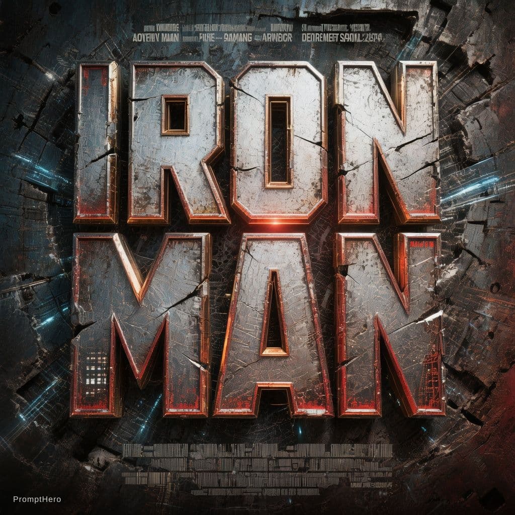 AI generated: Huge distressed metallic text "IRON MAN" integrated into the background, cracked steel texture, worn...