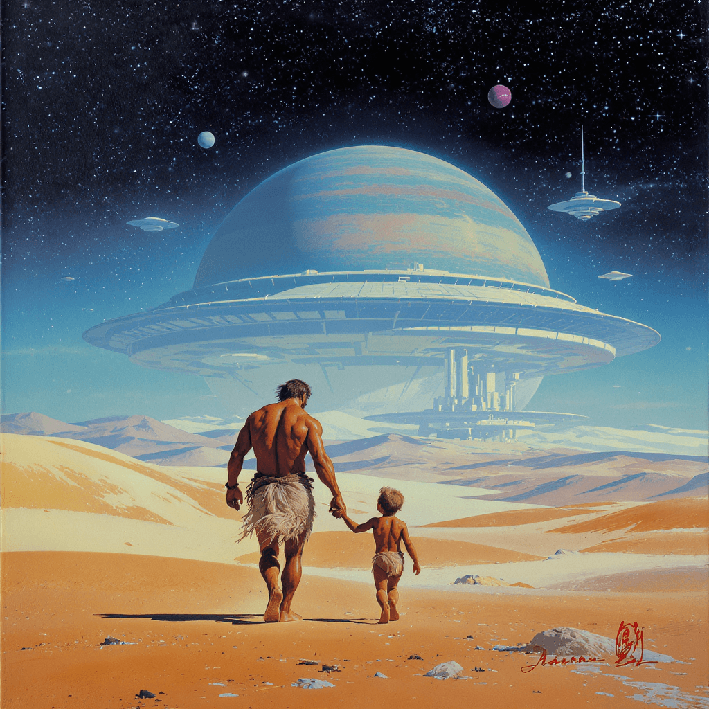 AI generated: lone planet out of focus, in the distance is an alien space station with large round domed building ...