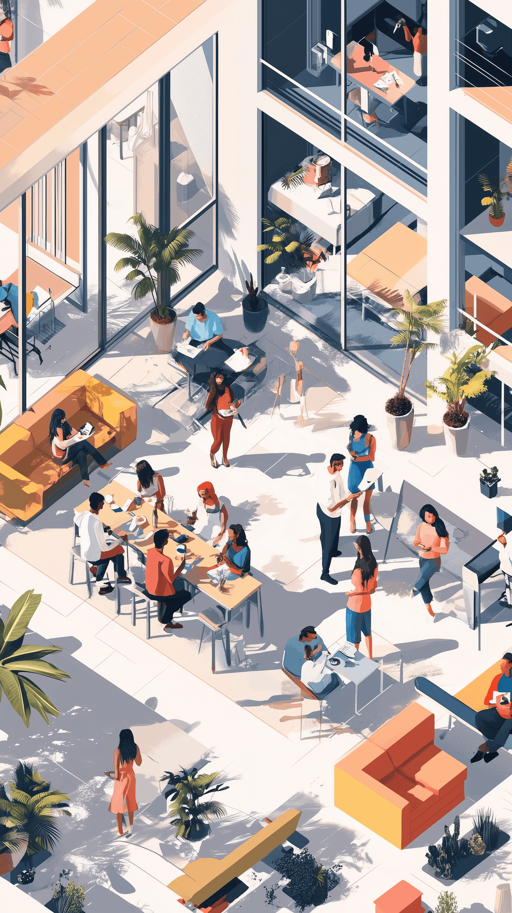 AI generated: detailed image of high-rise apartment interiors viewed from above, diverse groups of residents engag...