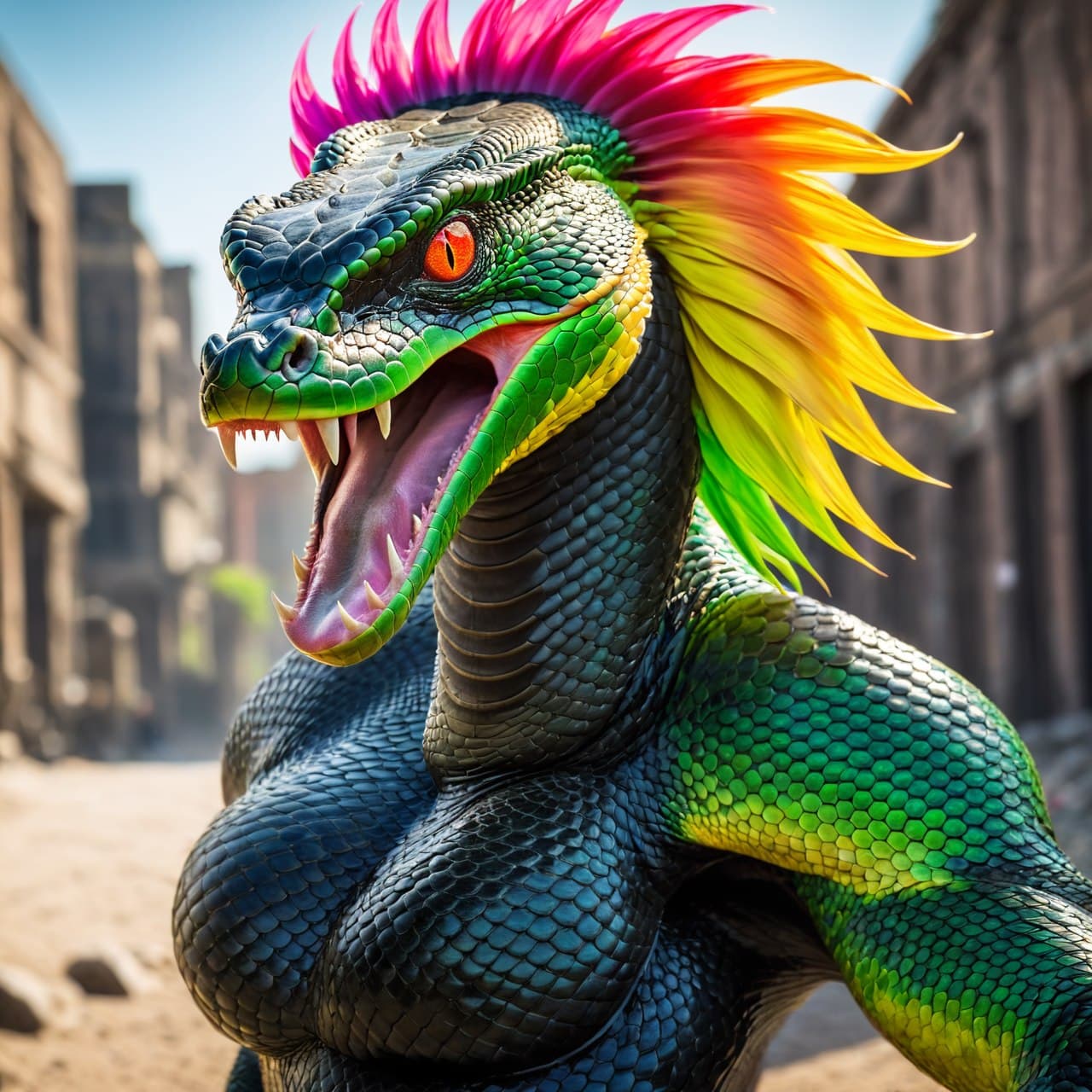 AI generated: (naga:1.2), (serpent), (scaly), (reptile), (1man:1.4), madness, death, (glowing eyes:1.4), rainbow h...