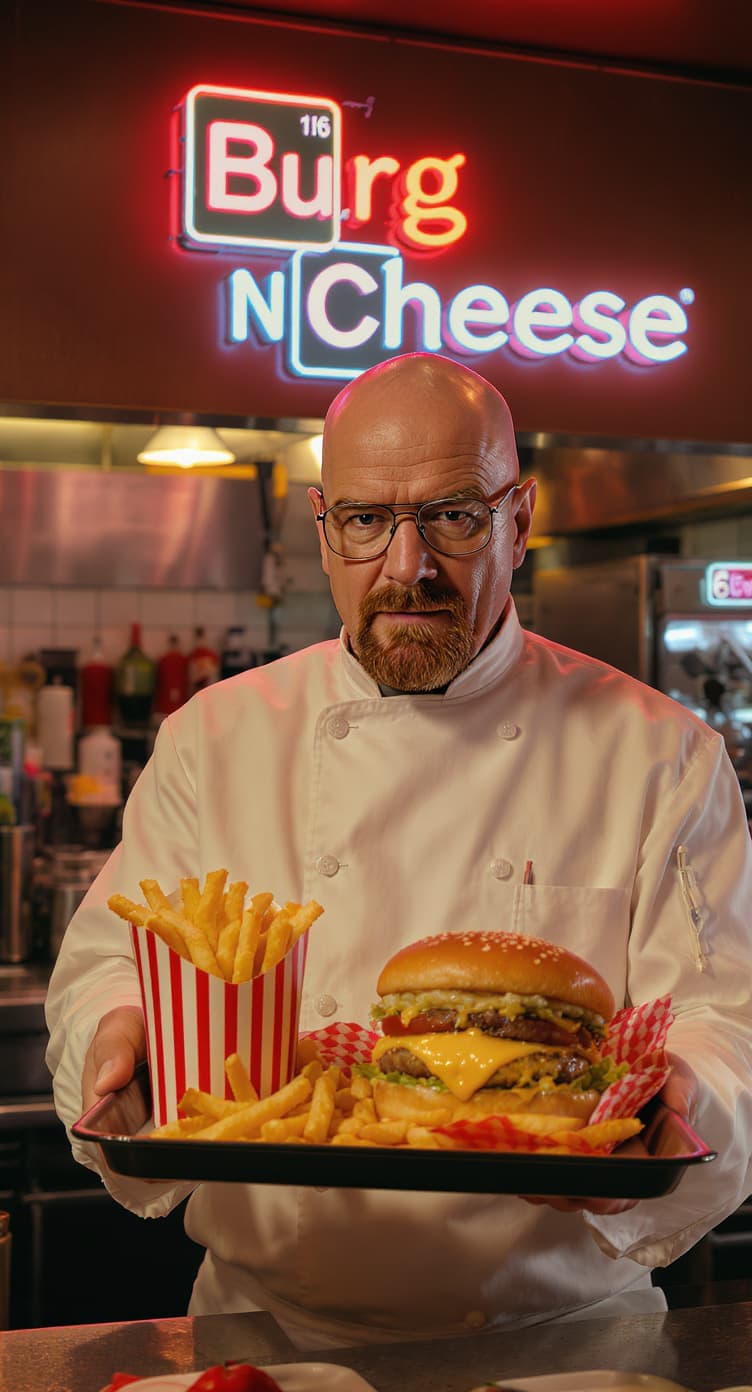 AI generated: (Photorealistic) Walter White from Breaking Bad,with the text "Burg N Cheese" in the same style as t...