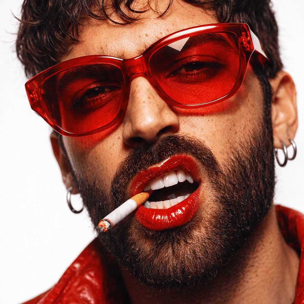 AI generated: {
  "subject": {
    "gender": "male",
    "pose": "extreme close-up of face, lips parted biting cig...