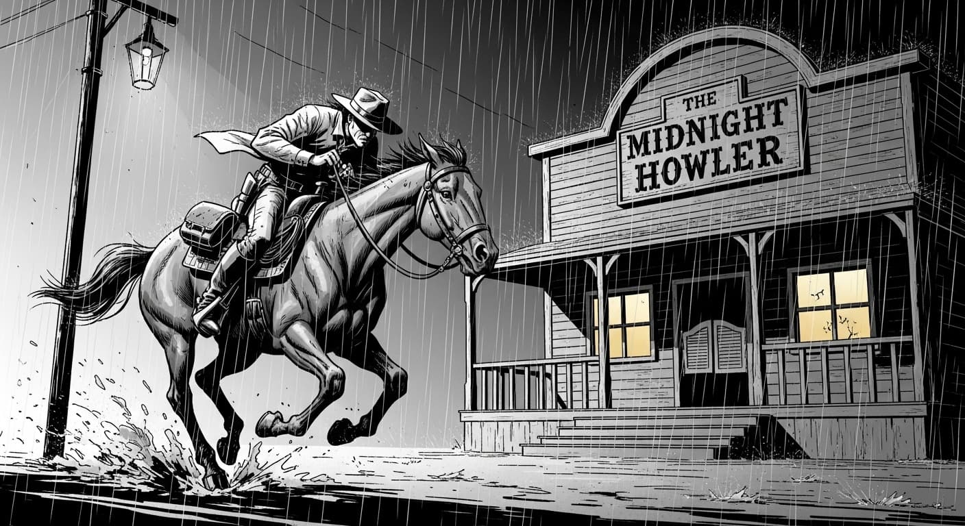 AI generated: Gritty comic-noir scene of a lone rider on horseback racing past a shadowy saloon at night.