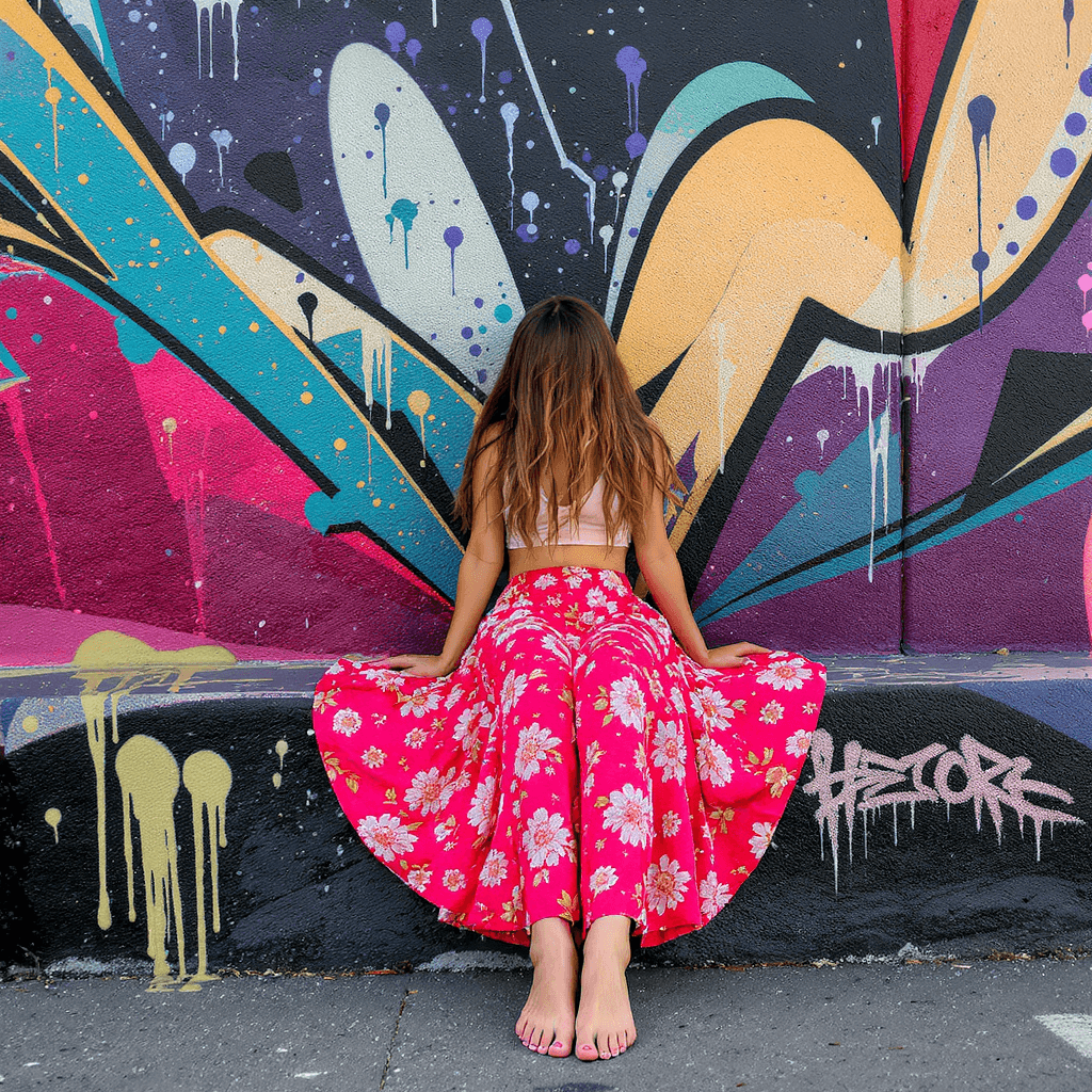 AI generated: Full body view of a beautiful girl, a floral skirt, barefoot,  and a top, with long hair, sitting on...