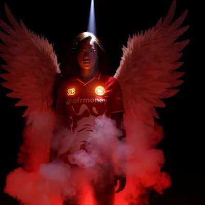 AI generated video: Cinematic 8-second high-fashion sports reveal. A woman in a red East End Lions FC jersey stands in d...