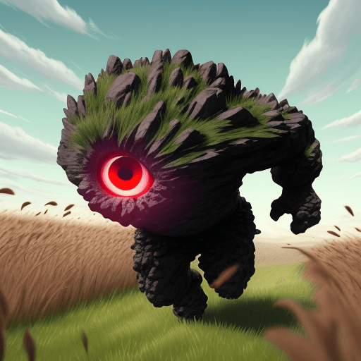 AI generated: living rock monster. 
red eye and rock like lags. runing in a field of grass.